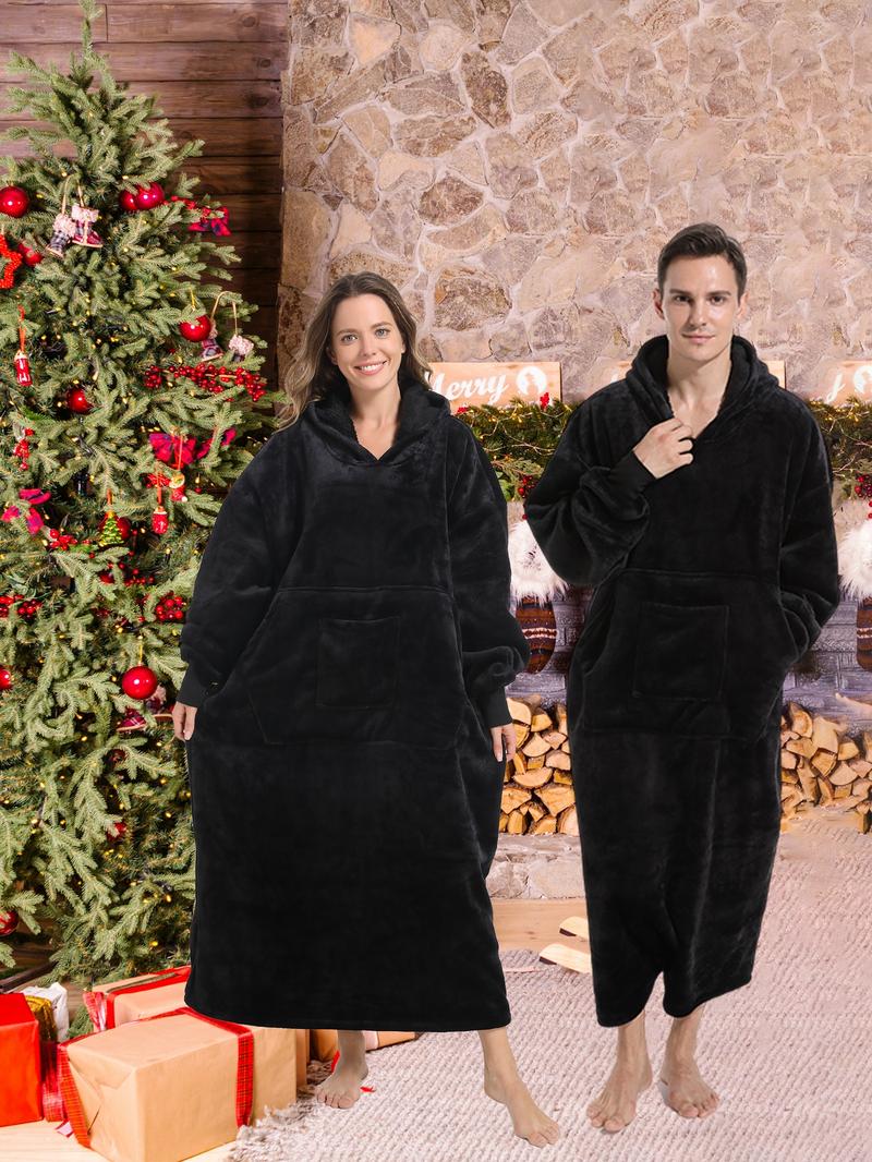 REDESS Flannel Lambswool Lined Hooded Robe Long Warm Home Robe with Pockets Suitable for Home and Outdoors Unisex Housecoat Nightwear Loungewear