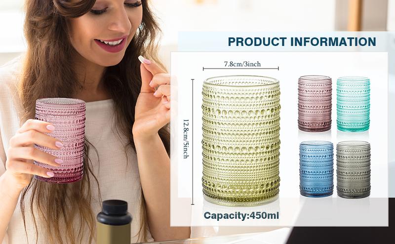 Polidream Vintage Glassware Set - 4pcs Drinkware Multicolor 15.2oz Hobnail Drinking Glasses for Beer, Cocktail, Soda & Juice - Embossed Old Fashioned Glassware with Four Unique Colors   wineglass anthropologie  juice