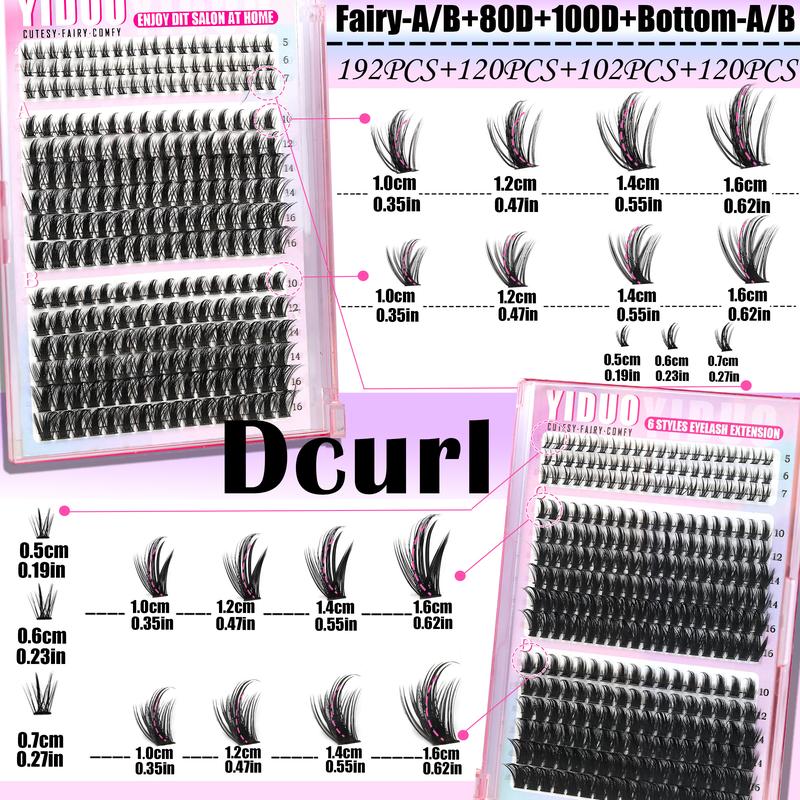 1614Pcs Lash Clusters Kit, 13 Styles 50D,60D,80D,100D,Fairy-A-B,BottomA-B 5-20mm Cluster Eyelash Extension D-Curl With Lash Bond and Seal, Lash Remover, Lash Tweezers, Eyelash Brush DIY Easily, Diy Eyelash Extensions