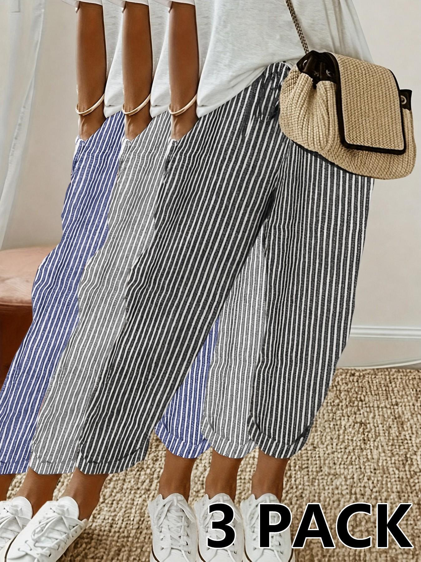 Women 2026 New Arrival Vertical Striped Linen Blend Cropped Pants, High Waist Drawstring Cuffed Casual Capri Trousers with Pocket, Summer Loose Fit Beach Everyday Jogger Pants, All Season, Casual Style Bottoms