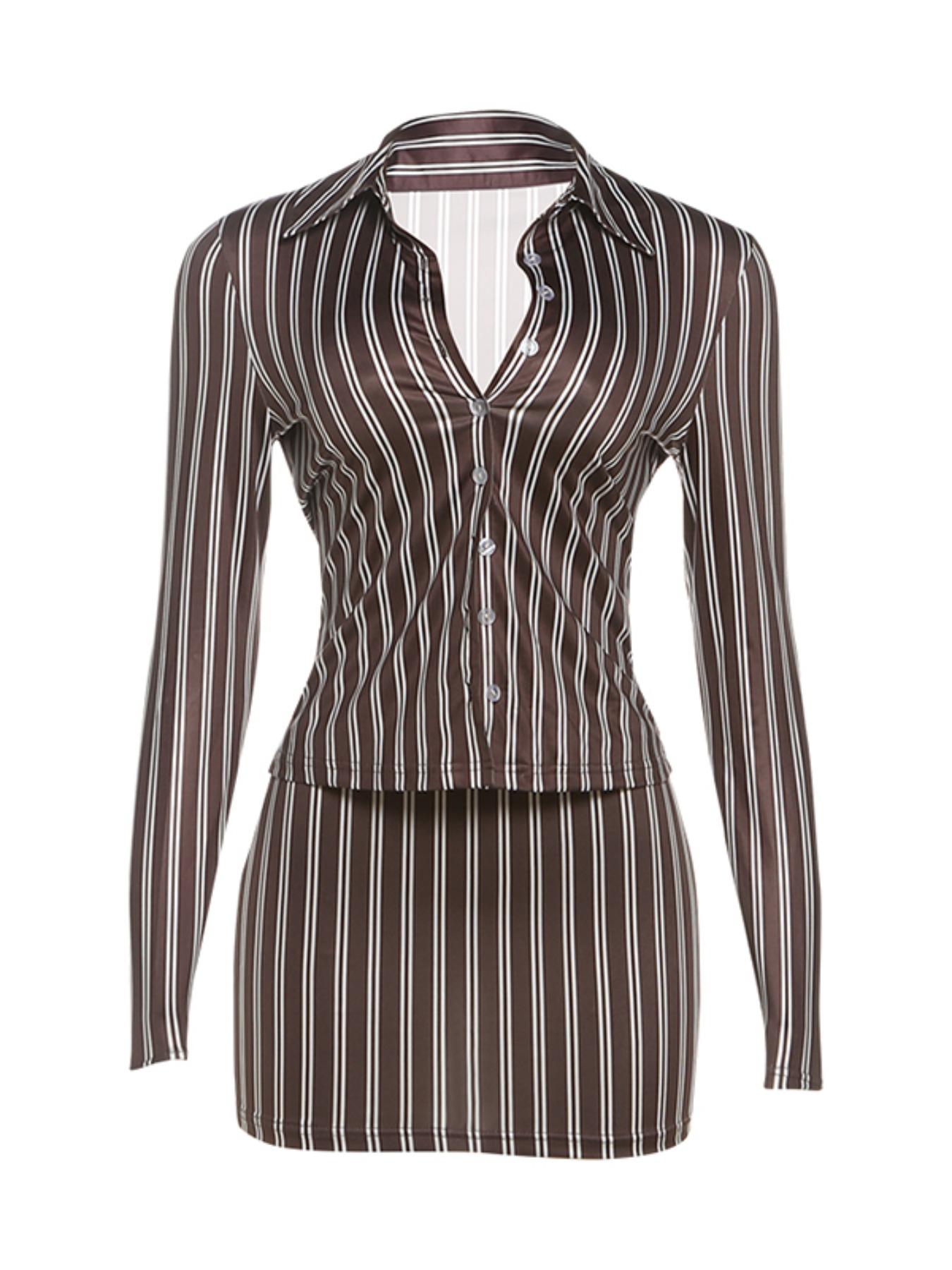 Women's Fashion Striped Pattern Two-piece Set, Sexy Long Sleeve Lapel Button Blouse & Bodycon Skirt Set for Spring & Fall Womenswear