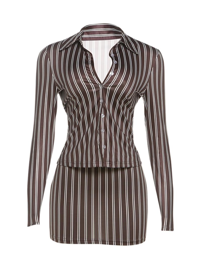Women's Fashion Striped Pattern Two-piece Set, Sexy Long Sleeve Lapel Button Blouse & Bodycon Skirt Set for Spring & Fall