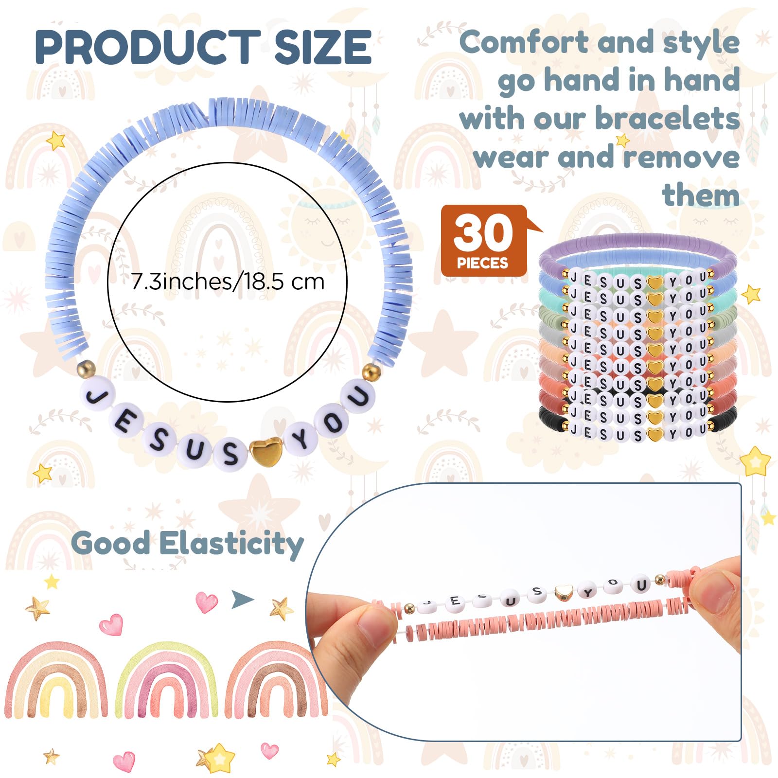 Easter Jesus Loves You Bracelets Bulk Christian Gifts for Women Men Youth Group WWJD Cross Clay Beads Faith Friendship Bracelets for Easter Basket Stuffers Easter Egg Filllers Church Sunday School Prizes No Candy Easter Party Favors