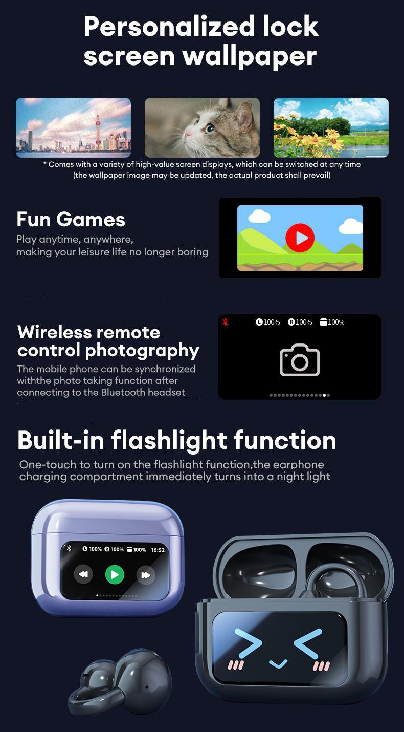 HYUNDAI M100 Clip-On Ear Headphones with Audio-Visual Touch Screen, Wireless Audio Headphones for Music & Phone Calls, Sport Waterproof & Sweatproof, with 2025 Bluetooth 6.0 for Faster, Stable Connection & Low Power Use, Compatible with Android & iOS