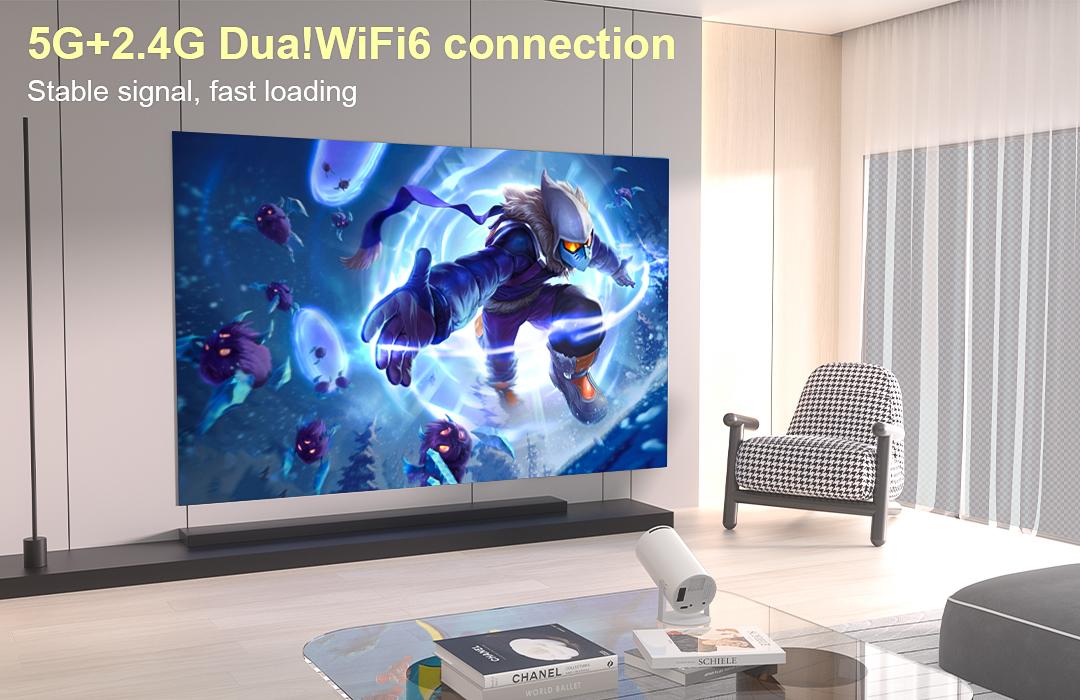 XBJ Portable Projector 2.4/5G WiFi 360° HD LED 200 InchScreen Built-in Speaker Multifunctional Projector for HomeCinema and Outdoor Use White Remote