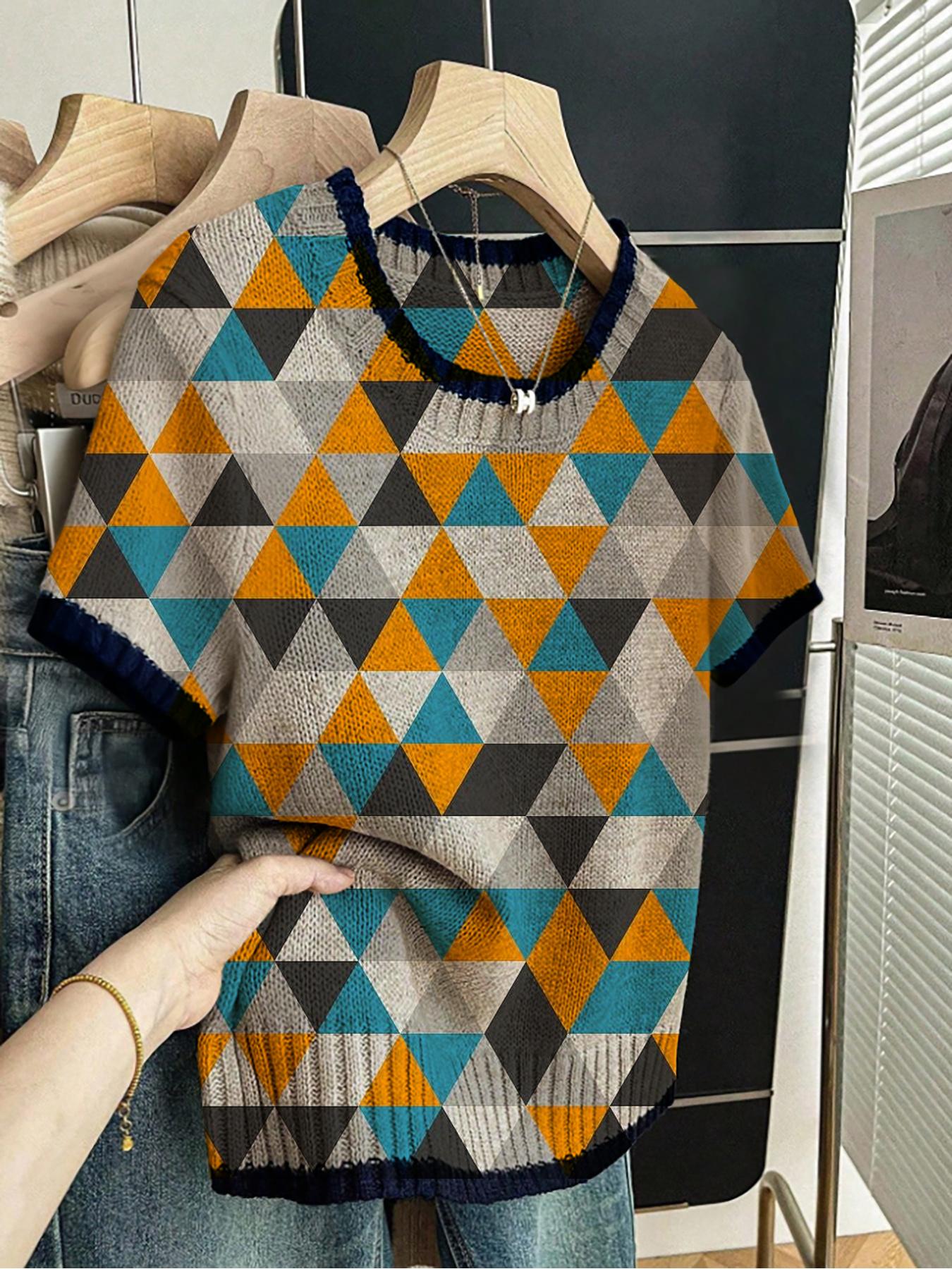 Geometric Triangle Patchwork Colorblock Sweater, Casual Short Sleeve Knit Top, Comfortable Warm Women's Clothing for Fall Winter