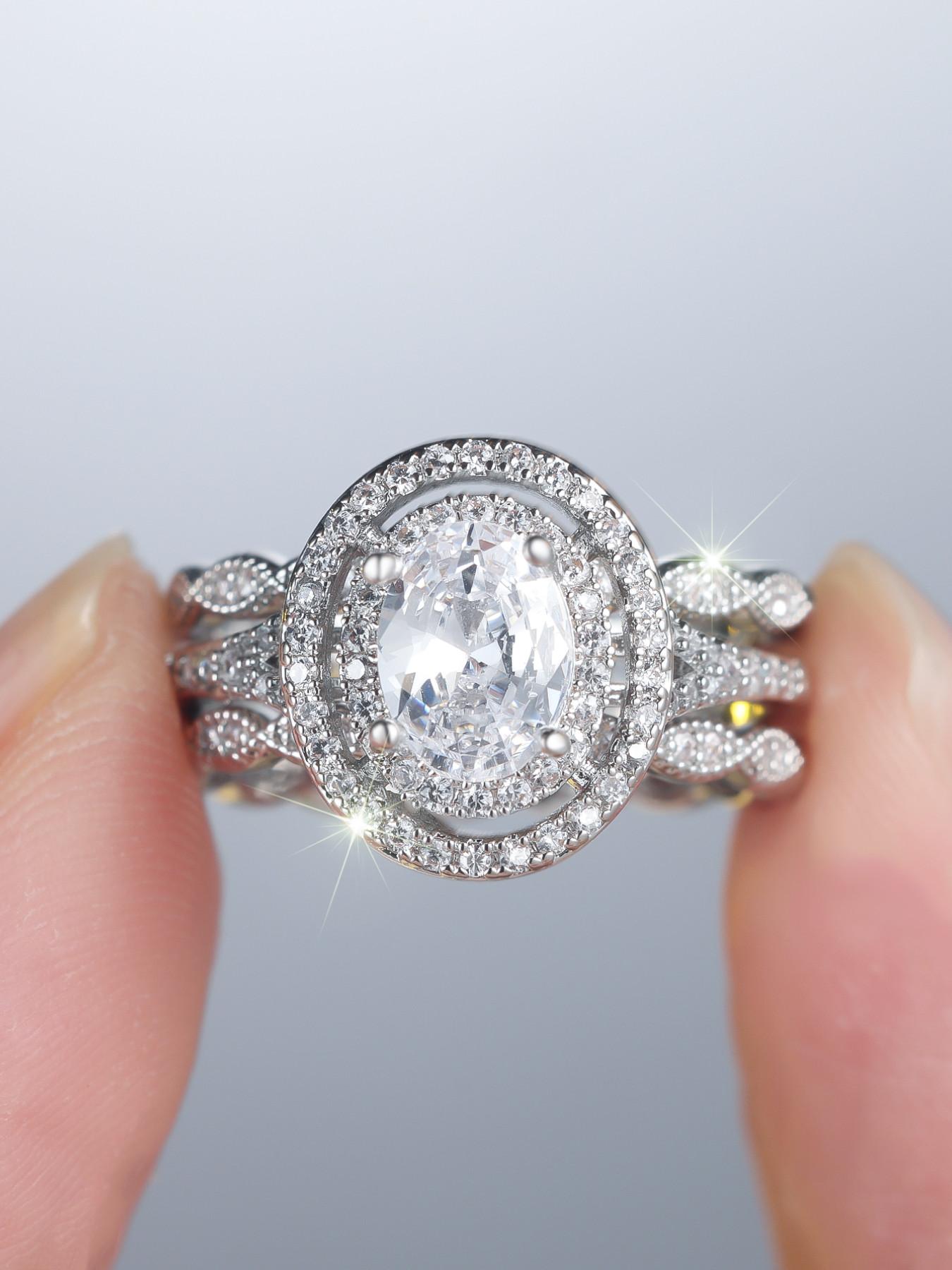 Super Large Shimmering Synthetic Oval Zircon Three-Piece Elegant Ring Set, Birthstone Engagement Ring, Luxurious Fashion Classic, Perfect for Weddings, Parties, Dates, Holidays