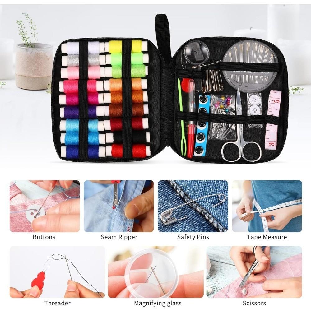 Basic Sewing Kit with Needles & Threads, Essential Sewing Supplies for Beginners, Home Use, Travel, Emergency Kits Include Scissors & Measure Tape