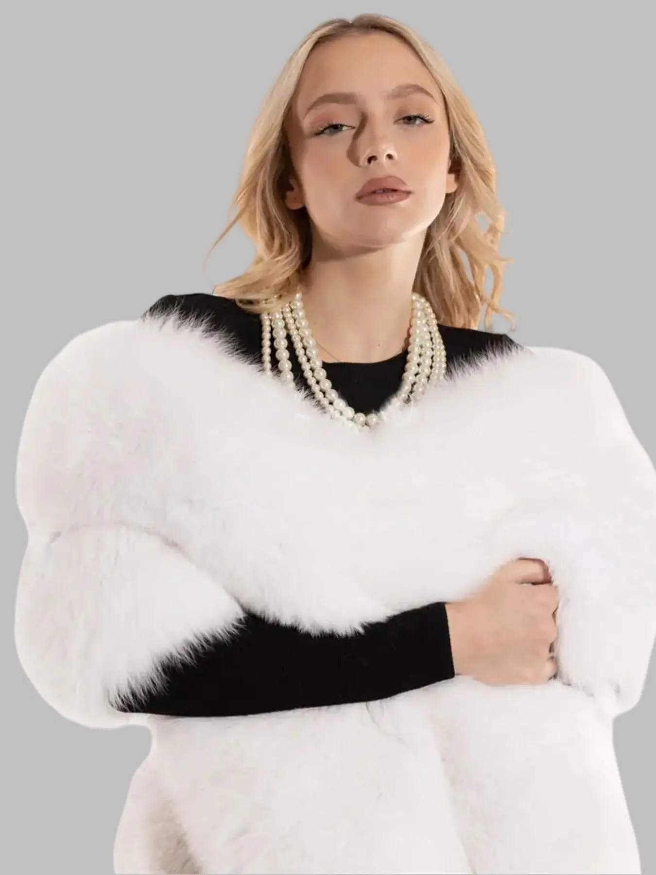 Women's White Faux Fur V‑Neck Shawl, Soft Warm Shawl, Fluffy Warm Cape, Bridal Wedding Accessory for Evening Party & Street Style