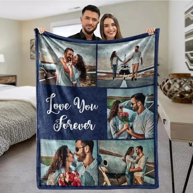 Customised fleece blankets with five photos, suitable for sofas, beds, families, friends, fathers, mothers, couples, and gifts.