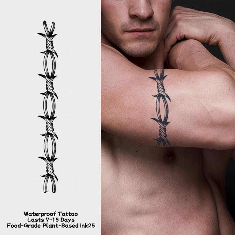 Barbed Wire Armband Juice Temporary Tattoo Sticker Magic Tattoo Waterproof Long-Lasting 7-15 Days Herbal Semi-Permanent Tattoo for Women Arm Collarbone Realistic Tattoo Fake Tattoo Line Tattoo