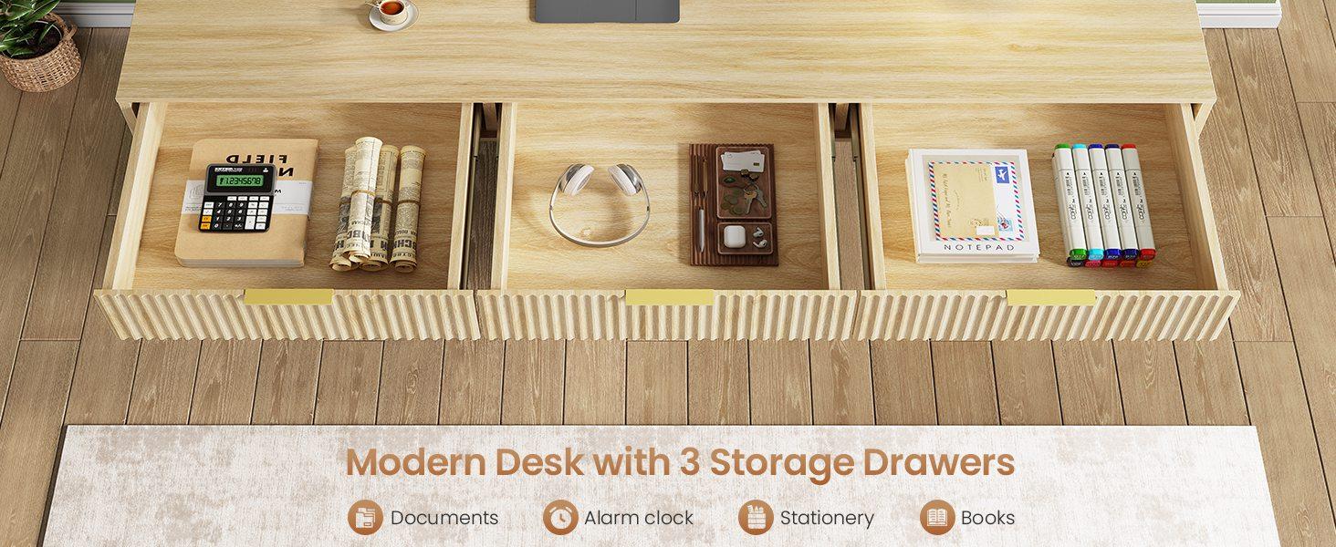 SEDETA 55" Executive Office Desk with 3 Drawers, Home Office Desk with Storage Drawers, Computer Writing Desk Study Table, Natural Oak