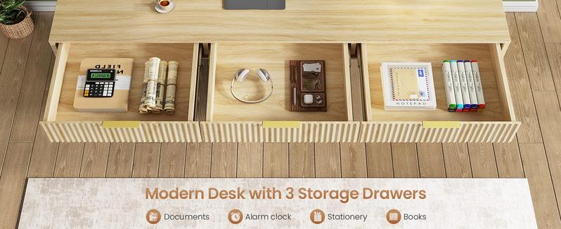 SEDETA 55" Executive Office Desk with 3 Drawers, Home Office Desk with Storage Drawers, Computer Writing Desk Study Table, Natural Oak