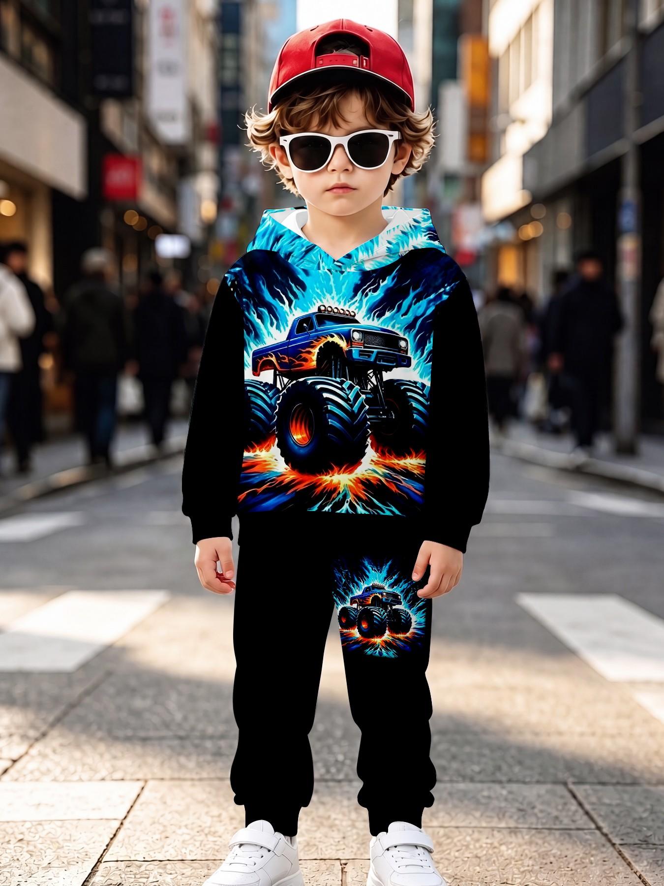 Blue Lightning Monster Truck Print Boys' Hooded Set, Casual Long Sleeve Sweapants, Loose-Fitting Natural Waist, Fall & Winter Clothing