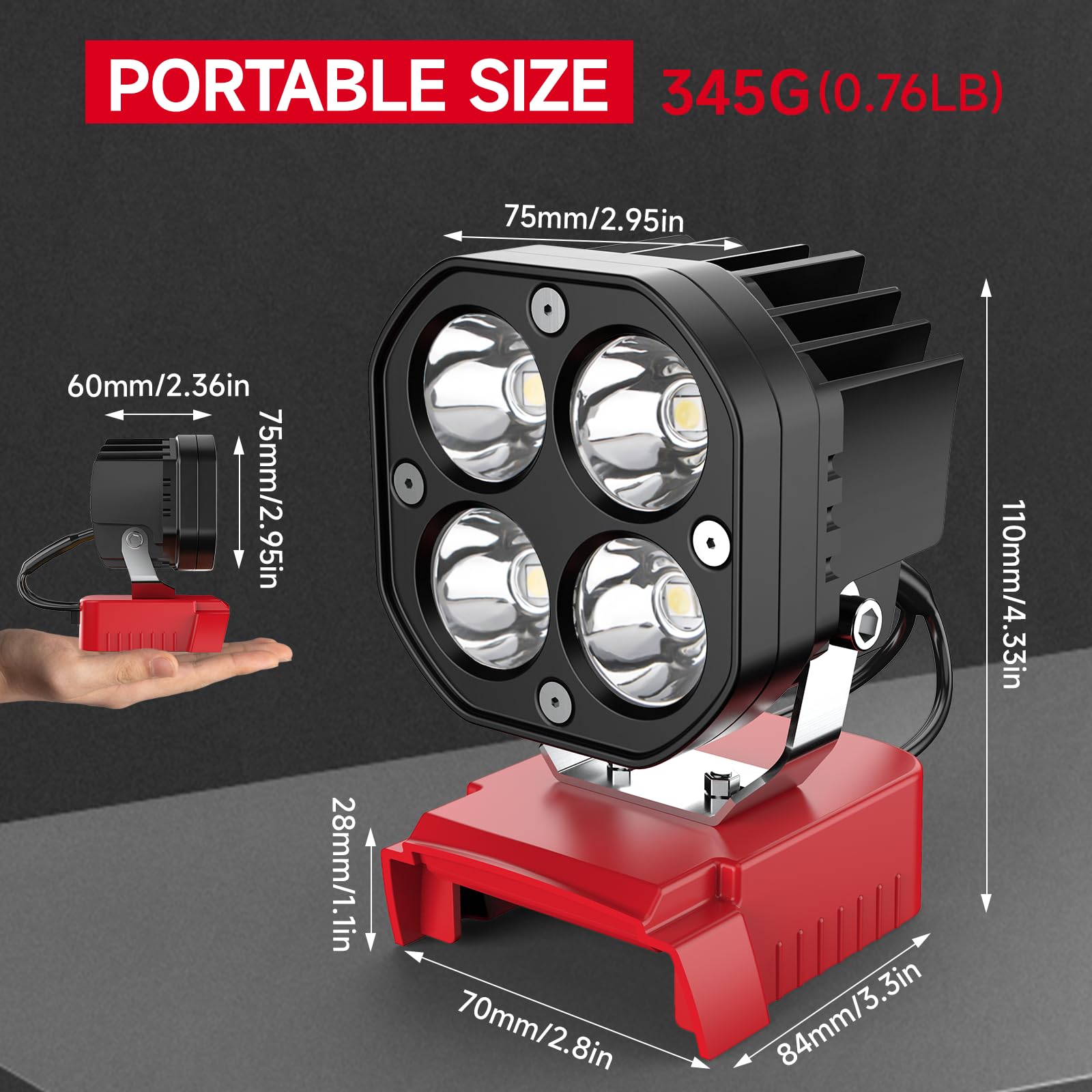 Azocek 18V Cordless LED Work Light – 40W 6000LM Milwaukee Battery Compatible, Adjustable Floodlight for Camping, Construction, Auto Repair & Outdoor Use