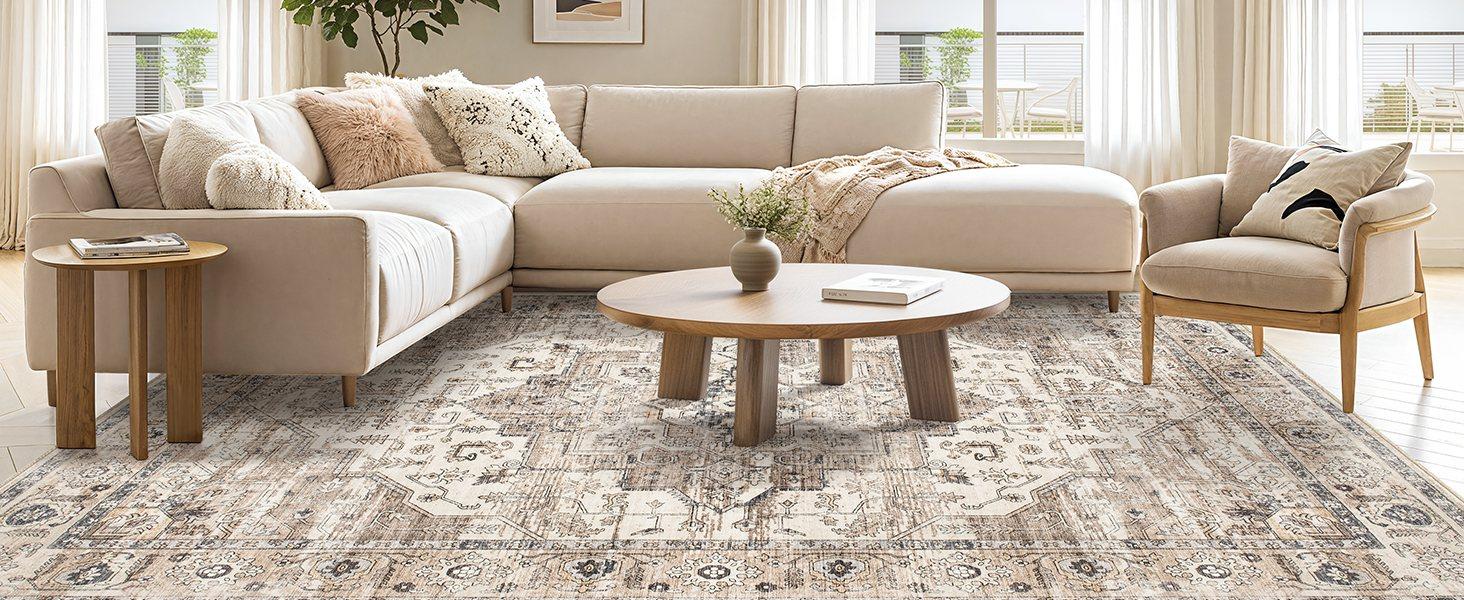 Area Rug 5x7 Washable Vintage - Soft Rugs for Living Room Large Non Slip Backing with Low Pile Farmhouse Oriental Retro Carpet for Bedroom Dining Room or Home Office - Tea Brown