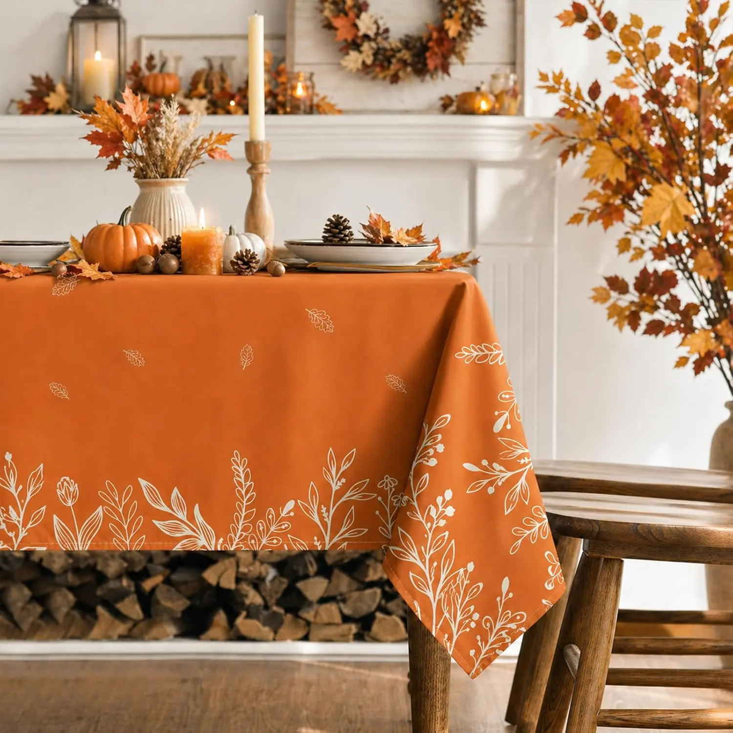 Fall Tablecloth 60x84 Inch Rectangular, Thanksgiving Autumn Harvest Orange Wild Flowers Table Cover for Party Picnic Dinner Decor