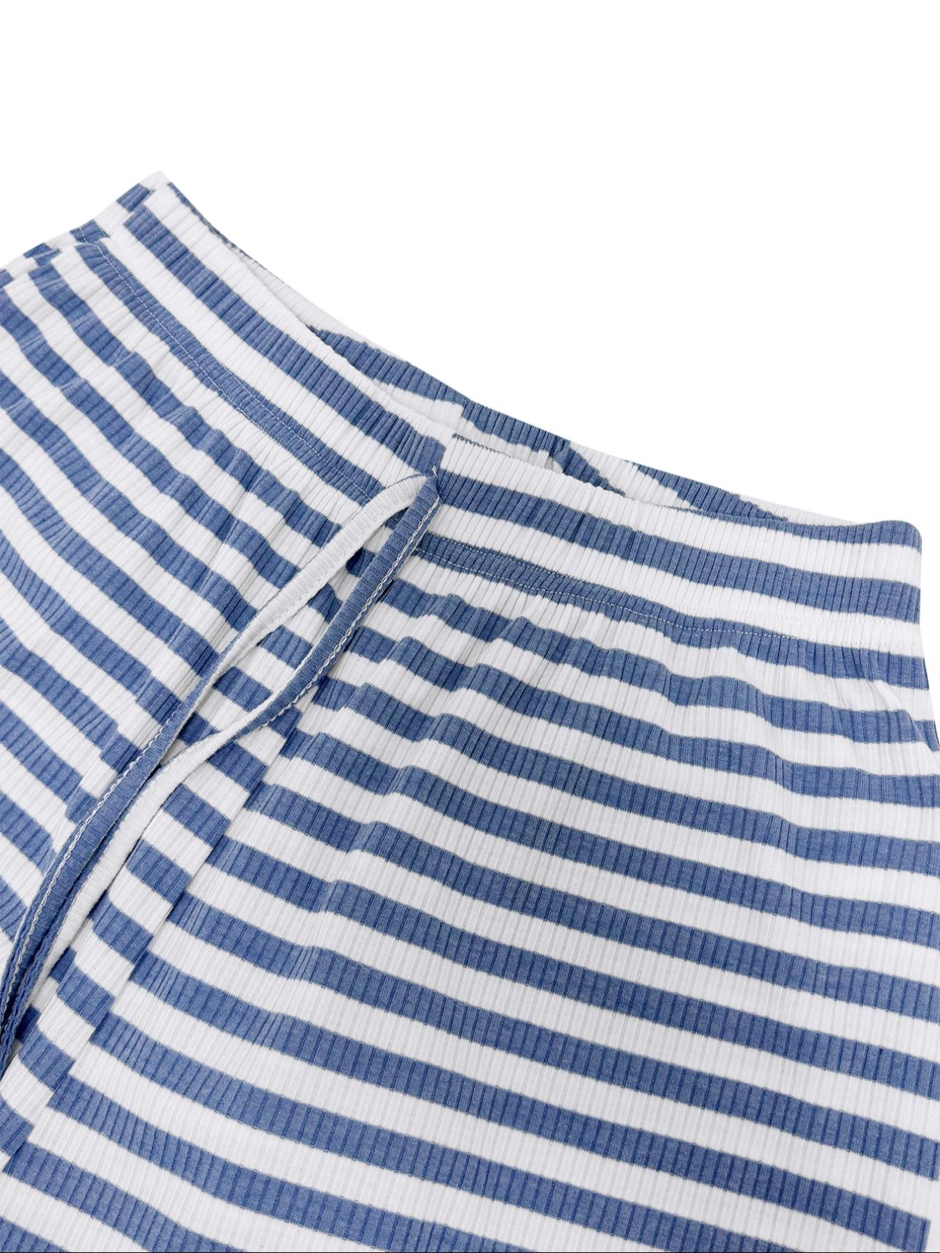 Women's Casual Striped Colorblock U-Neck Crop Pullover Sweater with Waist Rope Decorative Long Pants Two-Piece Set for Daily Wear,Airport Outfit