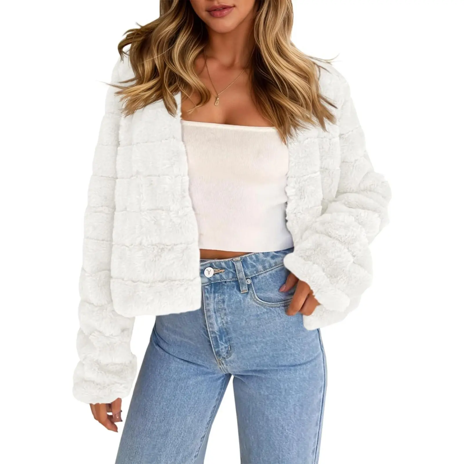 Tanakaneo Womens Cropped Faux Fur Jackets Long Sleeve Open Front Fluffy Short Coats | Shaggy Jacket, Fall&Winter Outwear, Casual, Warm