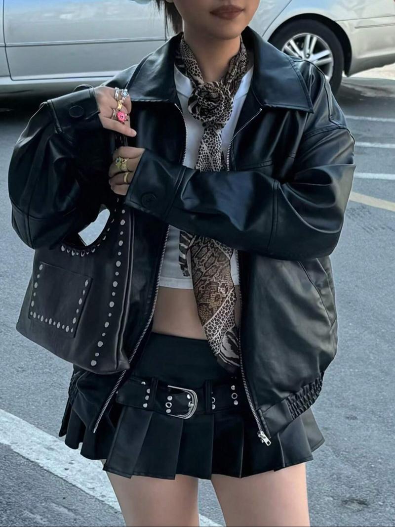 Women's Preppy Motorcycle Jacket, Casual Loose-Fit Long Sleeve Leather Coat, Autumn Winter Fashion Outerwear for Women