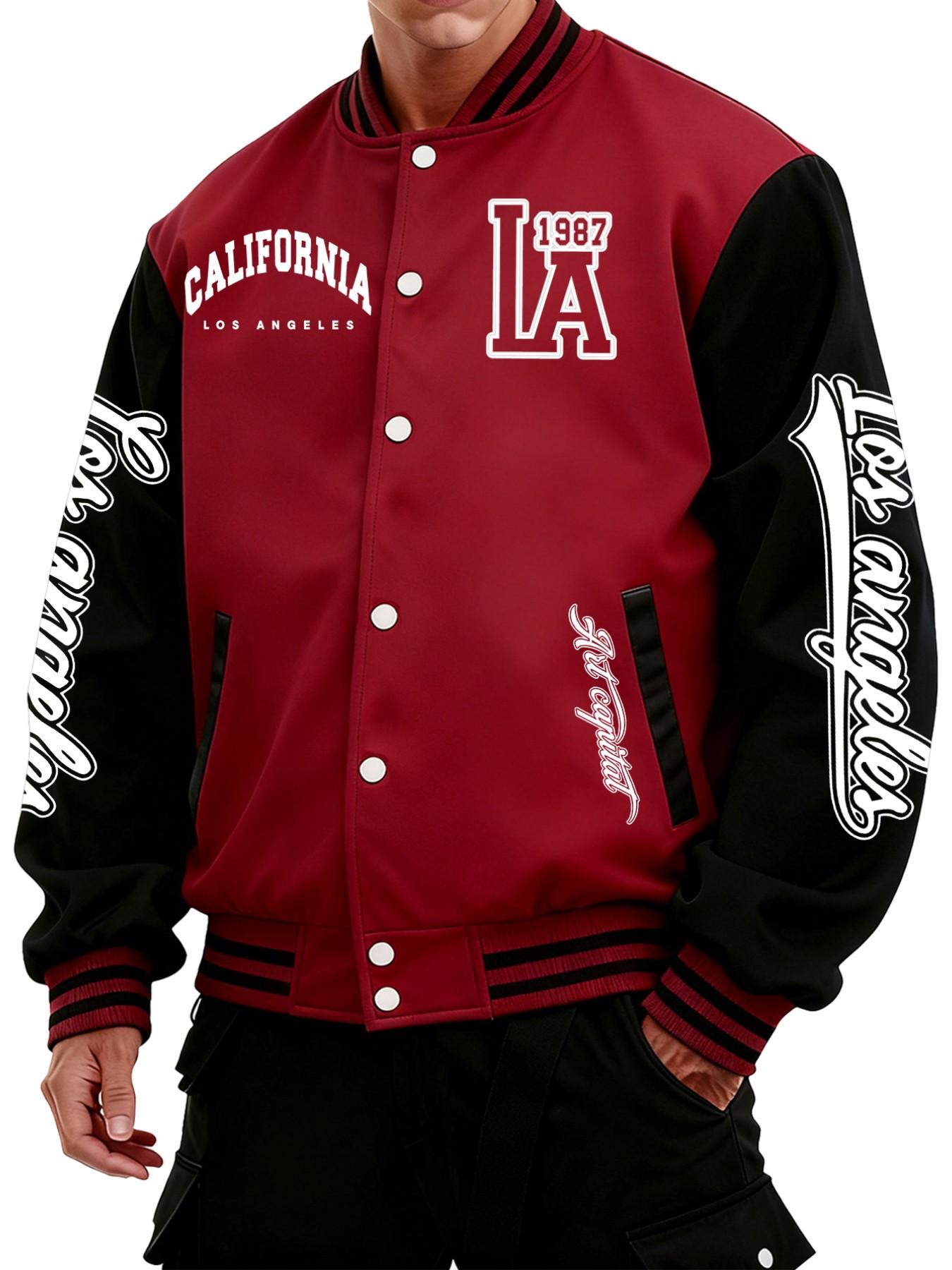 Men's Los Angeles Baseball Jacket with California Letter Print, Button Closure, All-Season Outerwear, Comfortable Stretch Fabric