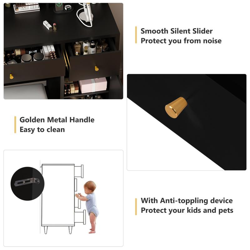 Vanity Desk Set with LED Light Mirror & Power Outlet, Makeup Table with 3 Shelves & 2 Drawers & 3 Level Adjustable Cabinet & Makeup Vanity Stool for Women, Girls(37")