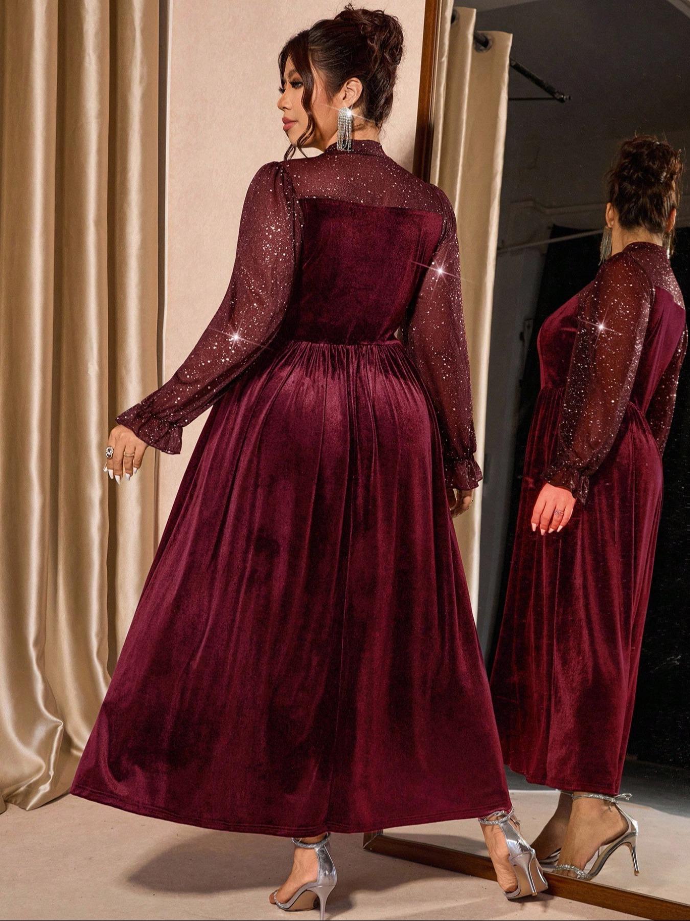 Plus Size Women's Mesh Velvet Elegant Bubble Sleeve Dress, Waist Cinched, Perfect for Parties and Gatherings, Fall & Winter Fashion