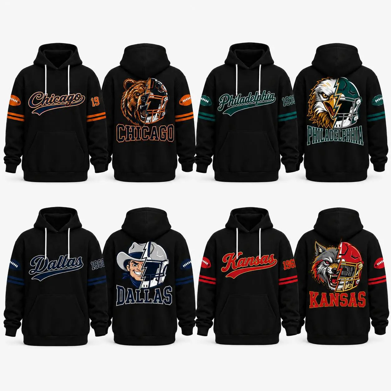 Retro City Football Mascot Graphic Hoodie With Front Pocket, Unisex Casual Hooded Sweatshirt for Daily Wear, Sports Fan Long Sleeve Top