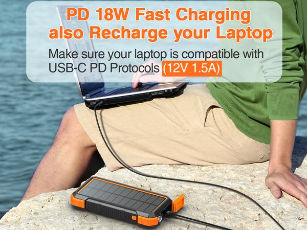 BLAVOR Solar Power Bank QC3.0 Fast Charging 10W Wireless Charger 20000mAh Solar Powered Powerbank with Type C Input/Output, IPX5 Waterproof, Camping Flashlight, Compass, Carabiner