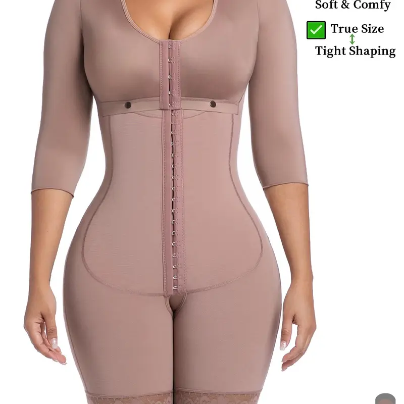 Women's Three-Quarter Sleeve Soft Knit Fabric Round Neck Compression Body Shapewear Bodysuit, Compression Body Shaping, Front-Button Design with Dual Buckle Closure, Strong Waist-Cinching Effect, Fall and Winter Essential