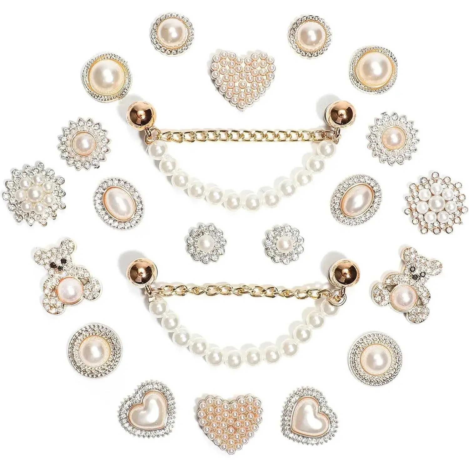 Women's Rhinestone Shoe Charms, 22-Pcs Bling Pearl Footwear Decorations with 2 Chains, Elegant DIY Floral & Butterfly Party Accessories, 22 Pcs Style 1