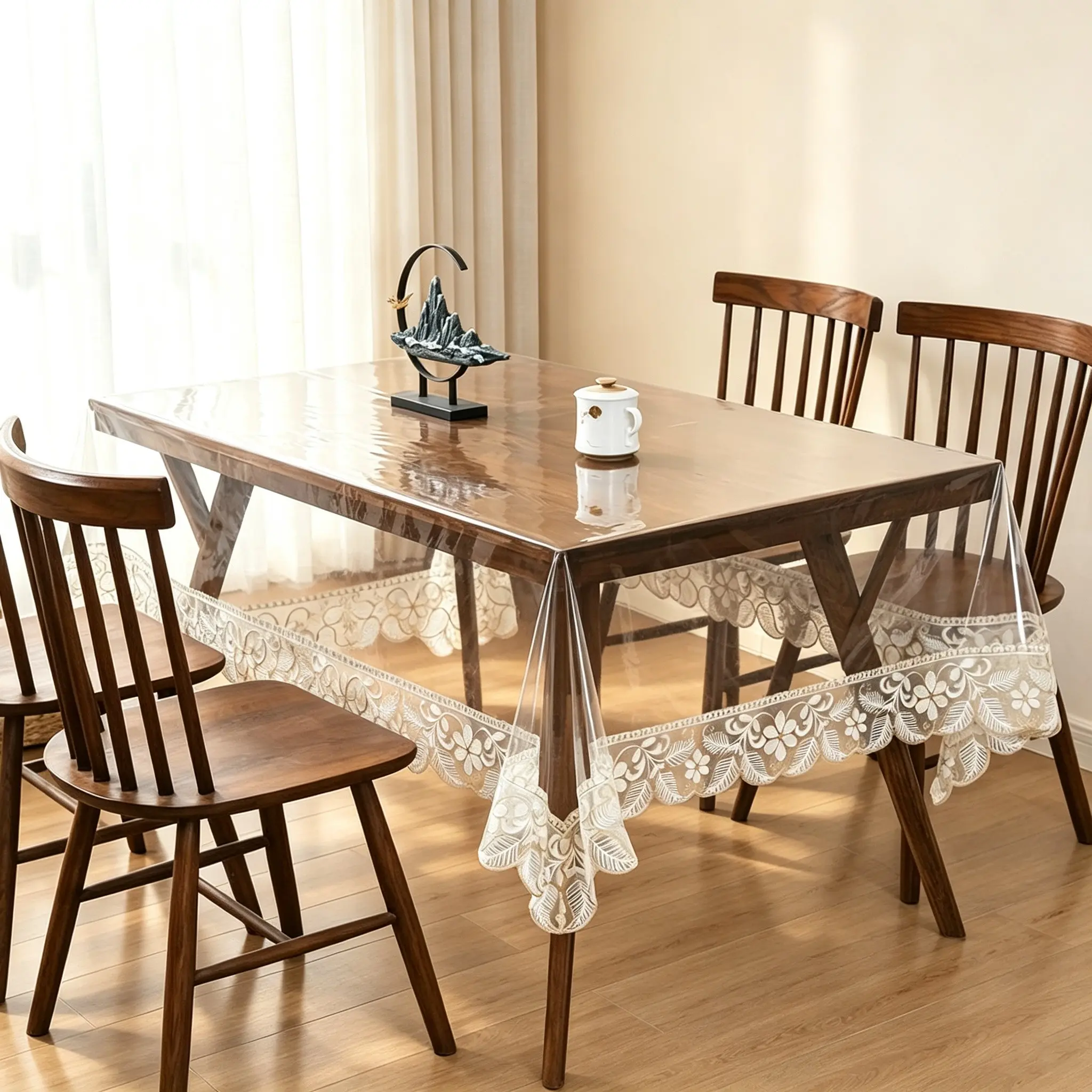 1pc elegant transparent PVC rectangle tablecloth with lace trim design—waterproof and oil-resistant dining table protector, easy to clean, suitable for home use and various party activities. Luxurious floral lace-edged table cover.