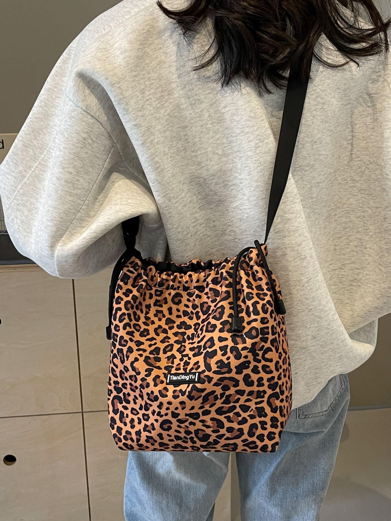 Women's Leopard Print Drawstring Bucket Bag, Lightweight Nylon Crossbody Shoulder Purse, Adjustable Strap, Casual All-Season Handbag
