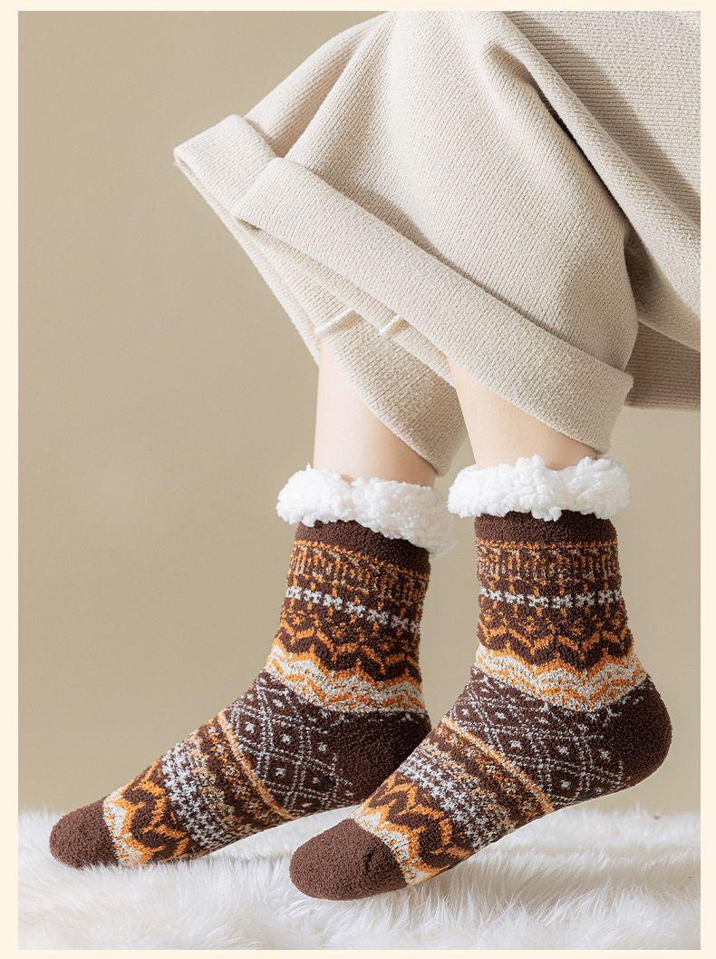 Women's Extra Thick Polyester Fiber Sherpa Fleece-Lined Floor Socks - Vintage Knit Geometric Fair Isle Thermal Non-Slip Cold-Resistant Retro Multi-Color Winter Household Foot Warmer Gift