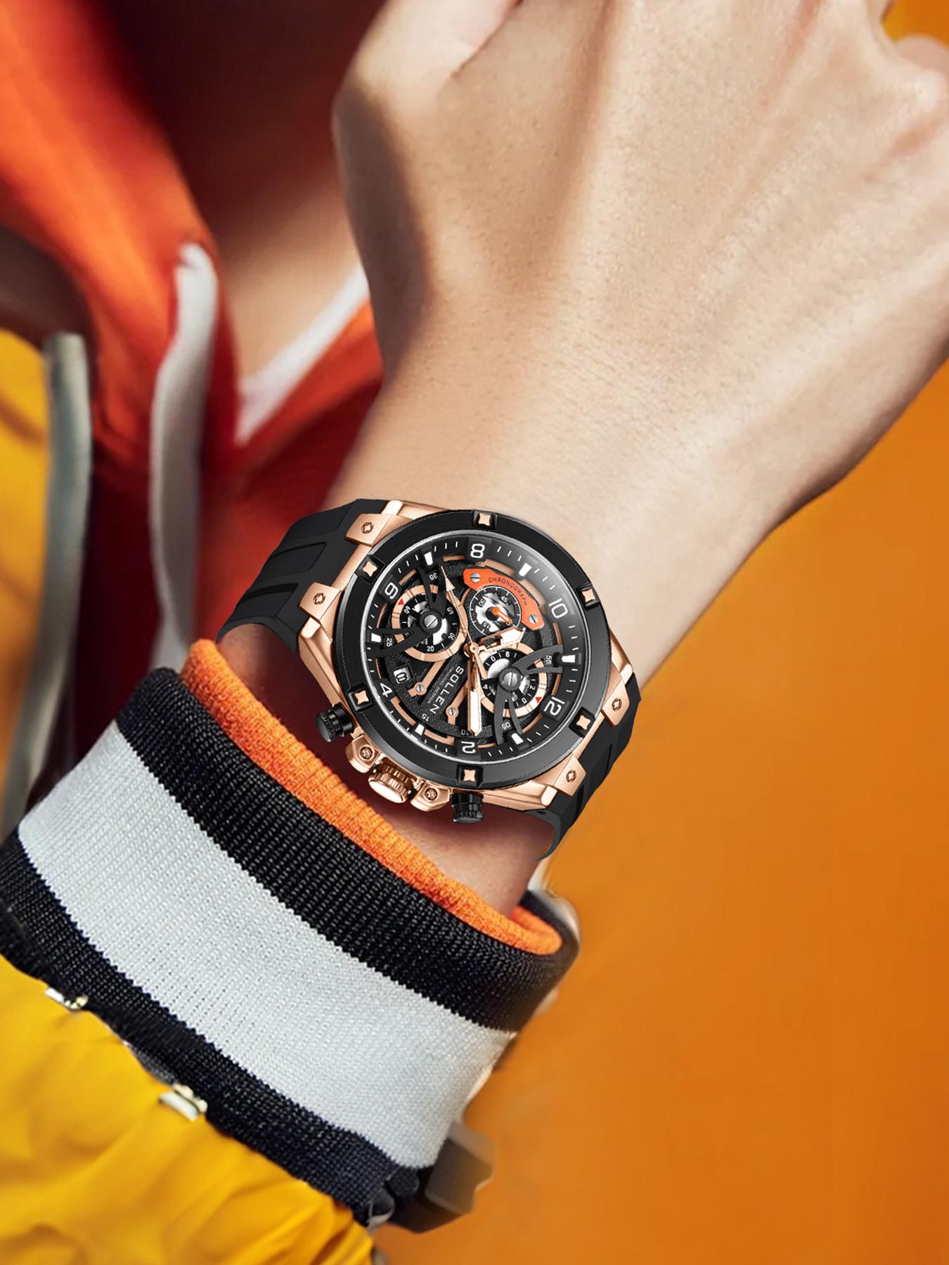 SOLLEN Men's Sports Chronograph Watch Large Dial Date Multi-Function Quartz Water-Resistant Silicon Strap Luminous Waterproof Gift for Birthday Boyfriend Husband Valentine's Day Father's Day Wedding 720