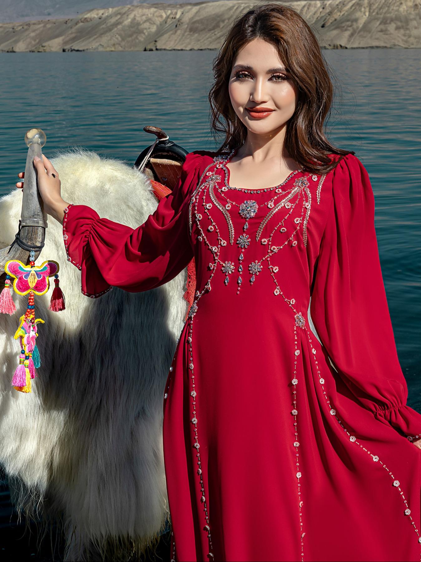 Embroidered Abaya Dress, Formal Wear, V Neck, & Silver Beads, Flare Sleeves, Elegant Fitted, Perfect for Formal Weddings & Eid Celebrations