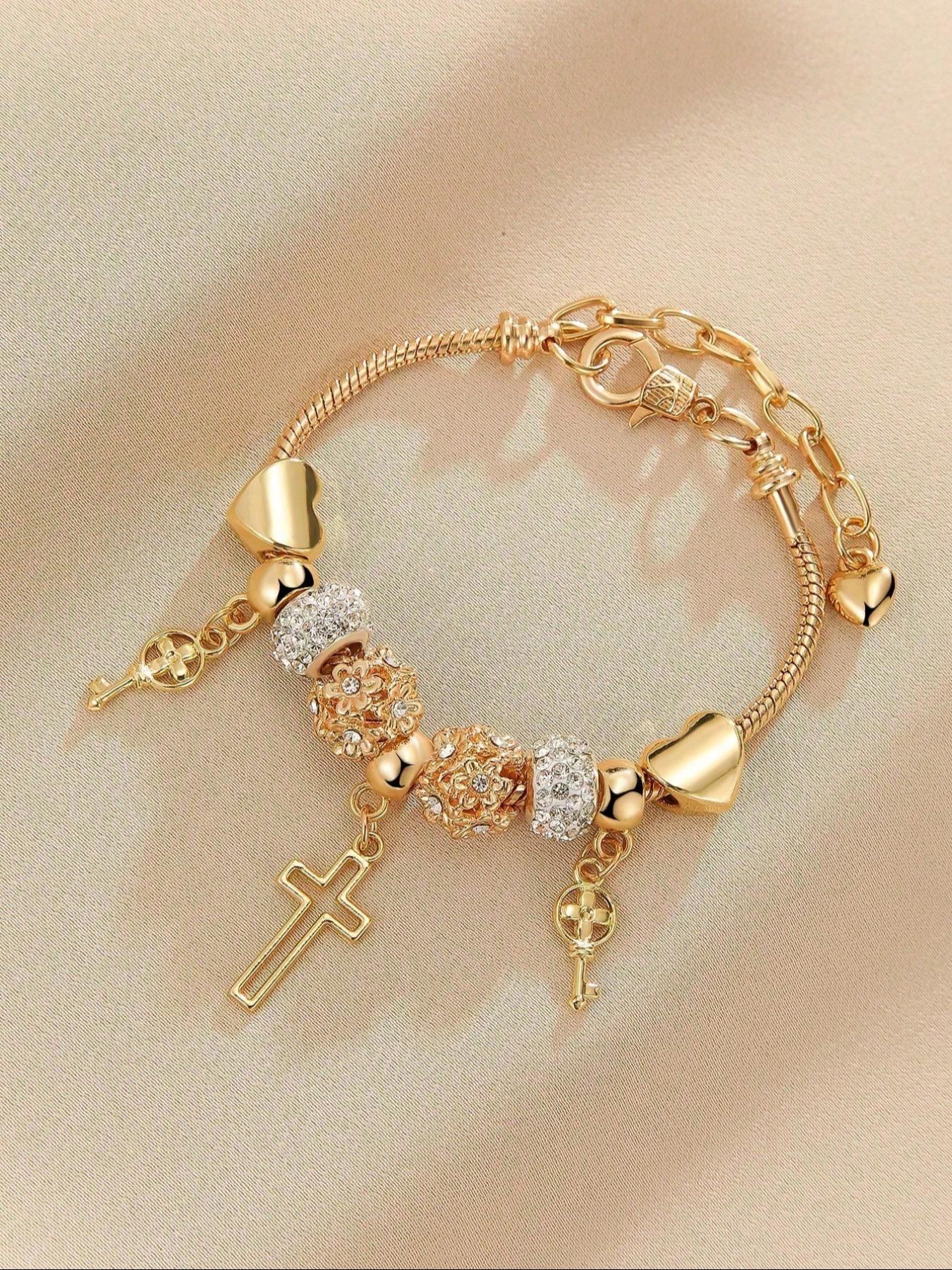 Women's Beaded Bracelet with Cross Pendant Charm, Heart & Floral Design, Perfect Gift for Her, Stylish Jewelry Accessory, Stackable Bracelets