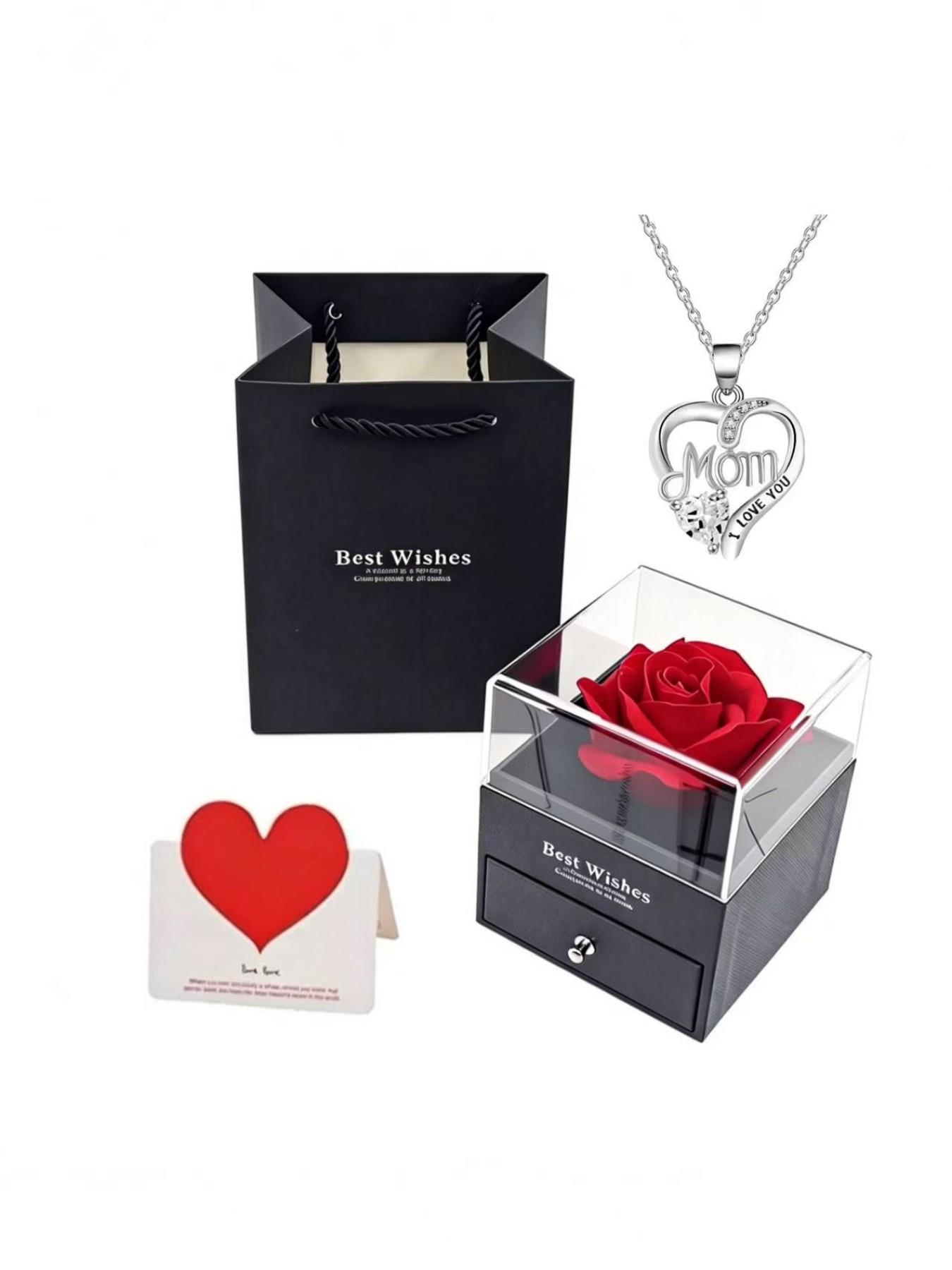 Mother's Day Gift Set, Heart-Shaped Ruby Necklace, Rose Flower Pendant, Elegant Jewelry Box, Express Love to Mom, Perfect Mother's Day Present