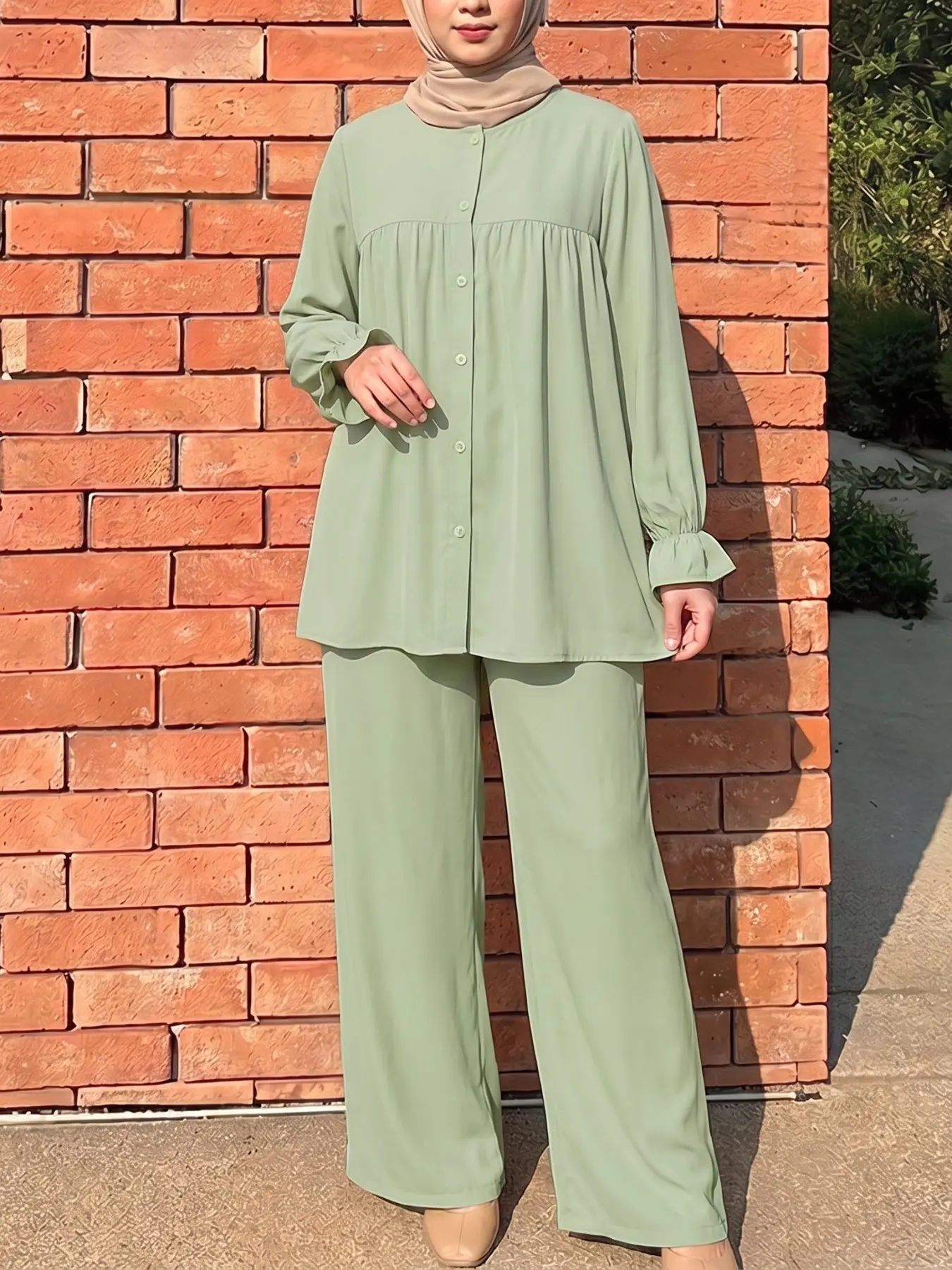 Women's Loose Baggy H-Shape Ruffled Ruched Long Sleeve Top + Elastic Waist Wide Leg Pants Set, Matching Sets, Womenswear, Casual Spring & Fall, Solid Pattern, Clothes