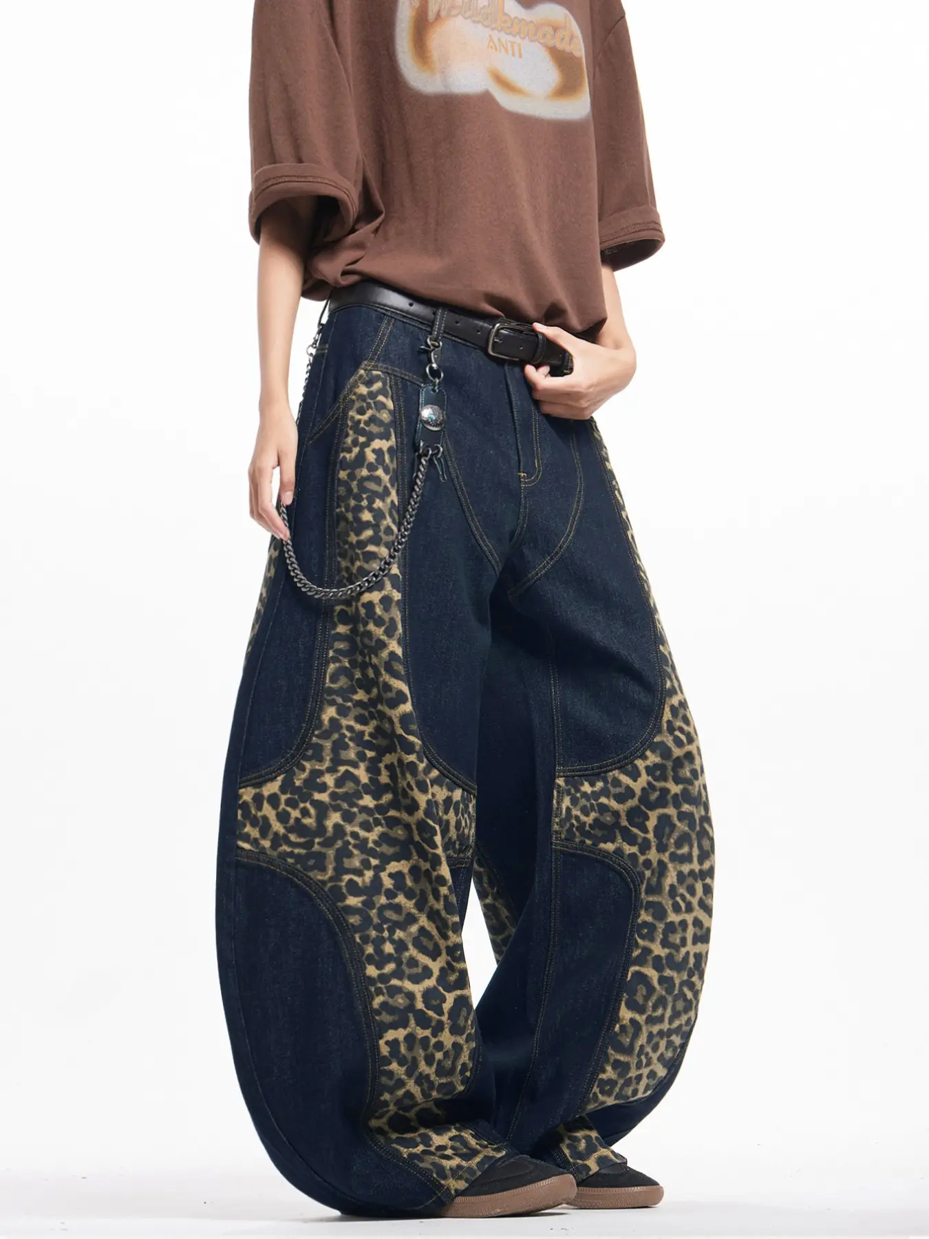 Men's Vintage Washed Blue Cross Leopard Print Jeans, Y2K Streetwear Fashion Wide Leg Pants, All Seasons, No Belt Included