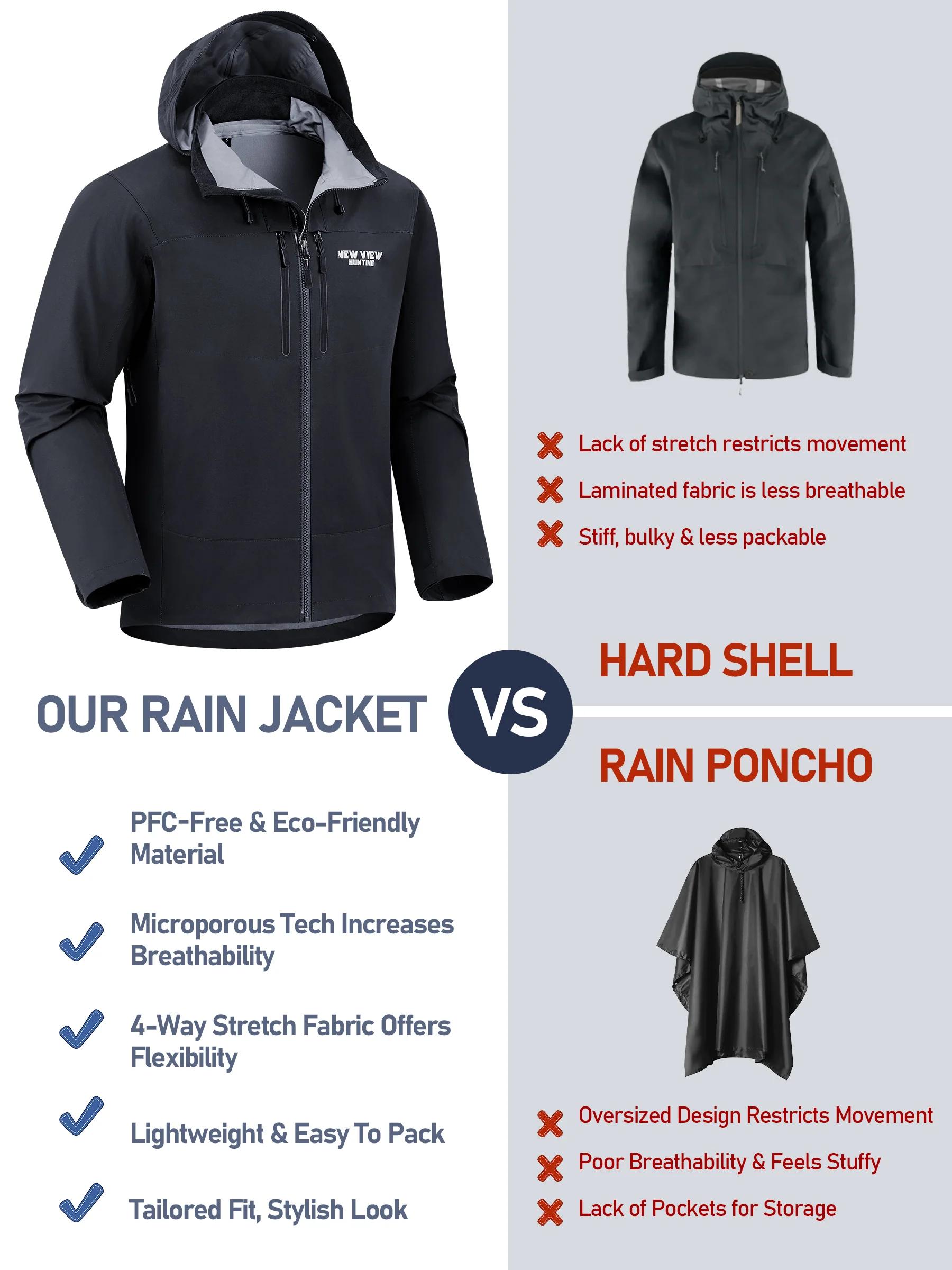NEW VIEW Lightweight Rain Jackets for Men Waterproof with Hood, Hard Shell Stretch Rain Coat for Outdoor Travel