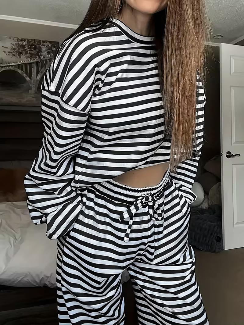Women's Striped Casual Set, Long Sleeve Loose T-Shirt and Pants, Spring and Fall Home Wear, Leisure and Sports