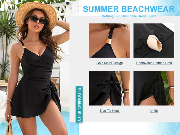 Blooming Jelly Gold Metal Tie Knot One Piece Swimsuit Womens Tummy Control Swim Dress Tankini Outfit Summer Swimdress