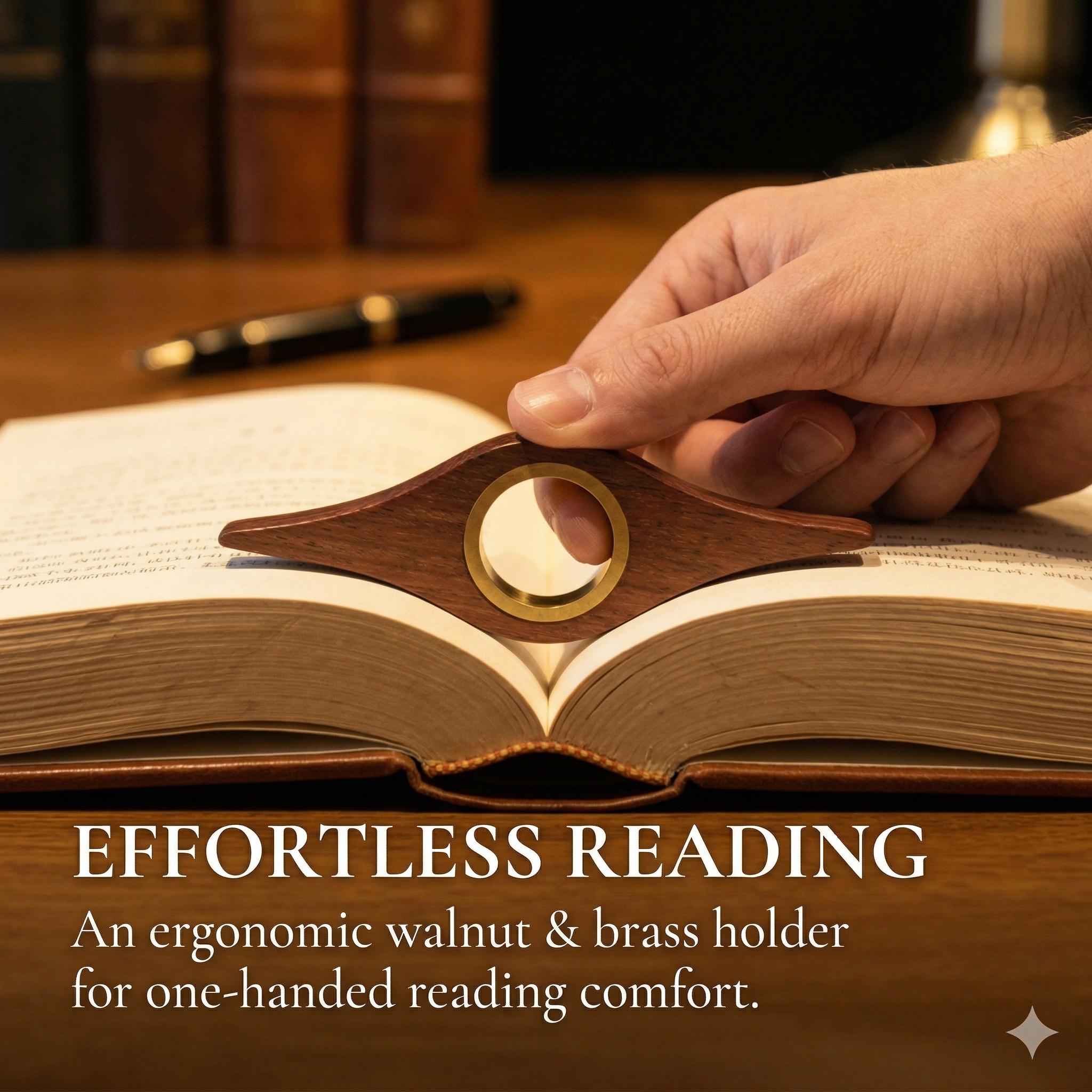 Solid Walnut Wood Book Page Holder with Brass Ring Ergonomic Thumb Reading Ring Aesthetic BookTok Accessories Gifts for Readers Handcrafted Wooden Thumb Page Holder for One-Handed Reading giftforher mini gift gift for him/her