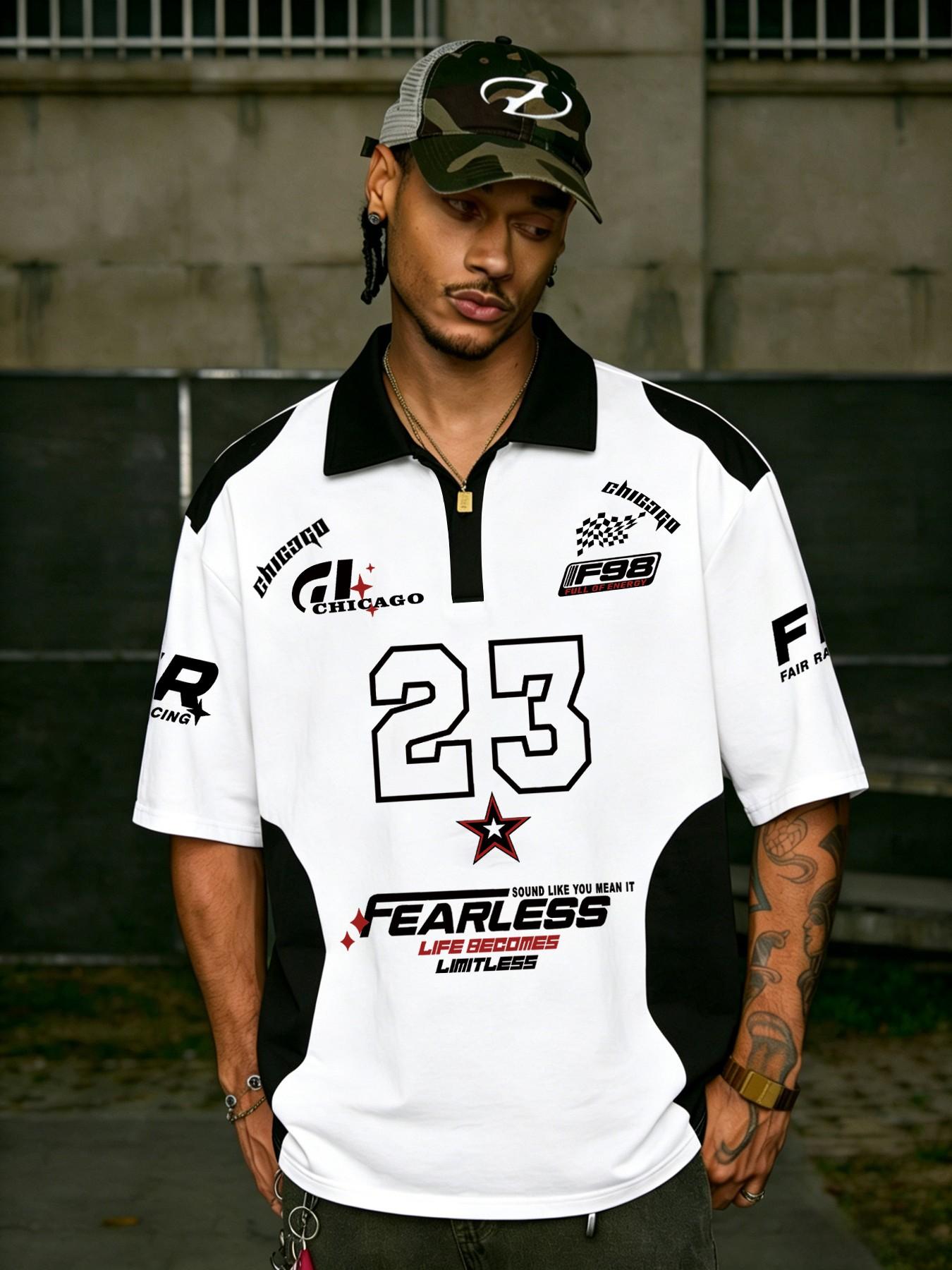 Men's Half-Zip Polo Shirt, Racing Numbers & Chicago Letters Print, Colorblock Design, Breathable Fabric, Streetwear Fashion