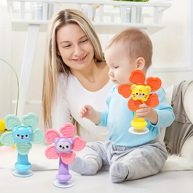 1pc suction cup rotating windmill, with teething ring, promotes motor skills, sensory development teaching aid