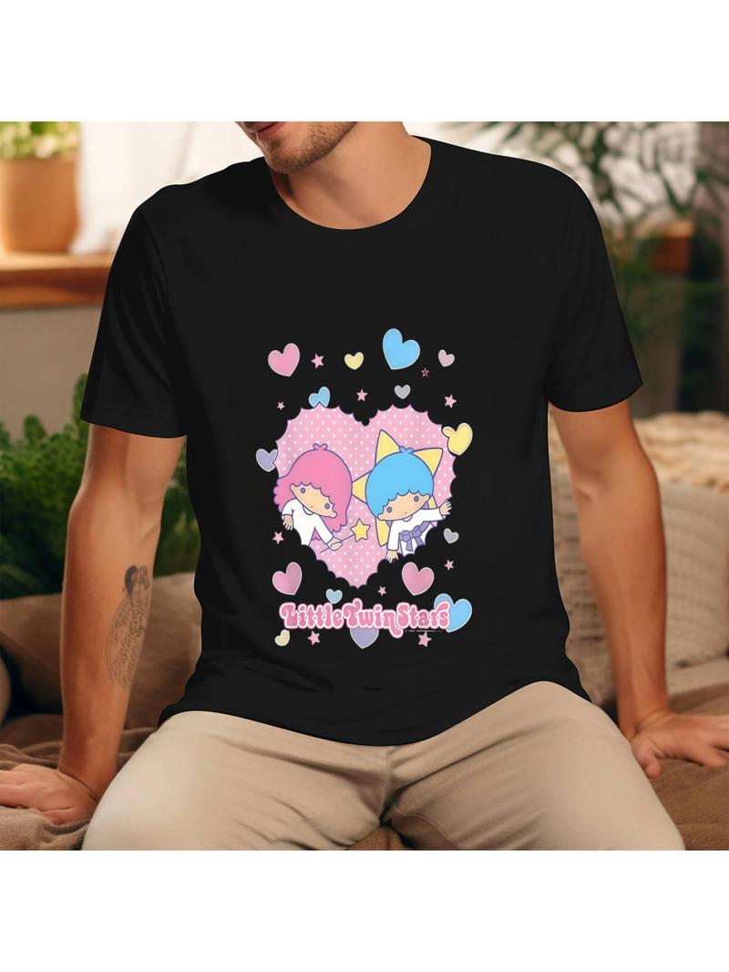 Sanrio for hello kitty for little twin stars Women's T-Shirt - Cute Cartoon Print, Black with Pink& Blue Hearts, Stars, and "for Little Twin Stars" Text, Perfect Gift for Girls, Stylish Short Sleeve f