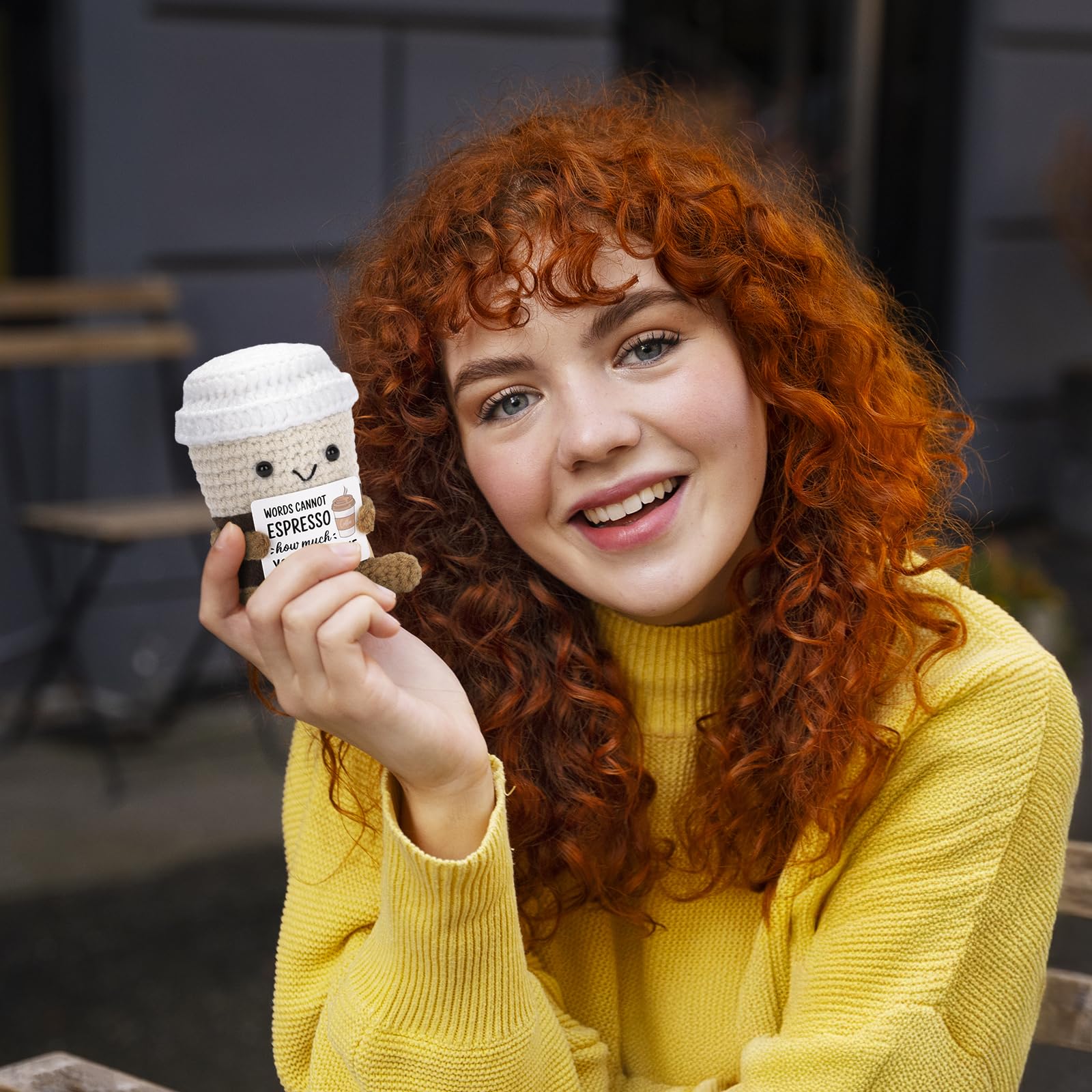 Knitted Yarn Handmade Look Soft Plush Coffee Cup Toy - Portable Pocket Pal, Keyring, Desk Buddy, Unisex Gift for Birthday Gifting