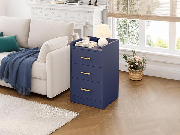 FOTOSOK Nightstands Set of 2 Black Nightstand with Charging Station, 3 Drawer Nightstand with Gold Handles, Side Table for Home Office
