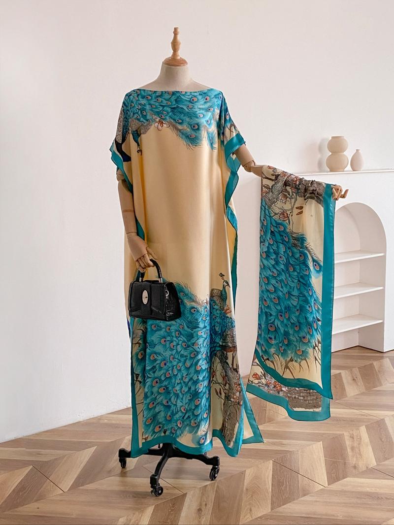 Women's Peacock Print Cape Shawl & Scarf Set, Elegant Beach Cover-Up For Holiday Vacation, Swimwear Coverups Women's Peacock Print Cape Shawl & Scarf Set, Elegant Beach Cover-Up For Holiday Vacation, Swimwear Coverups